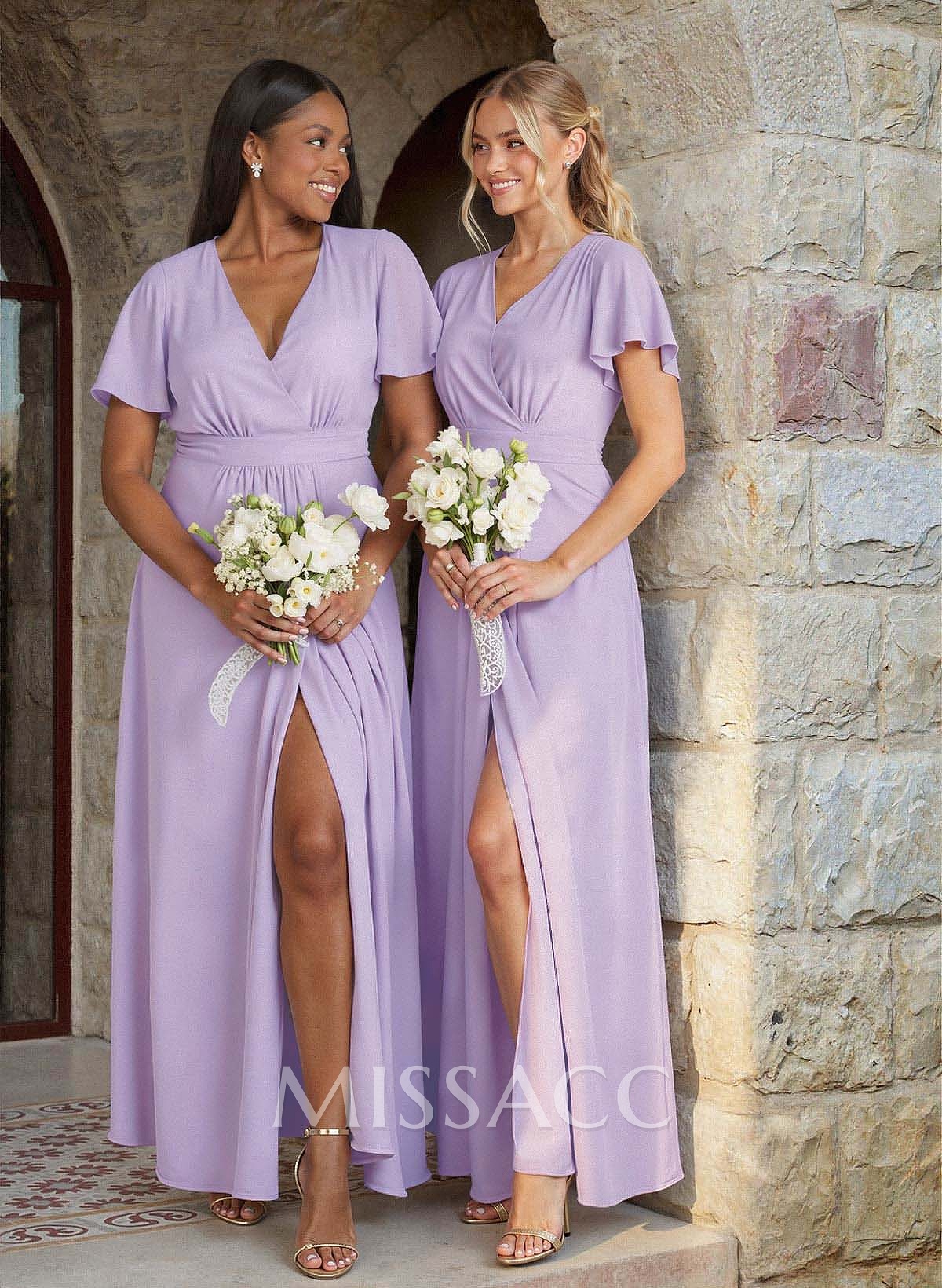 Elegant V-Neck Short Sleeves Floor-Length Chiffon Bridesmaid Dresses With High Split