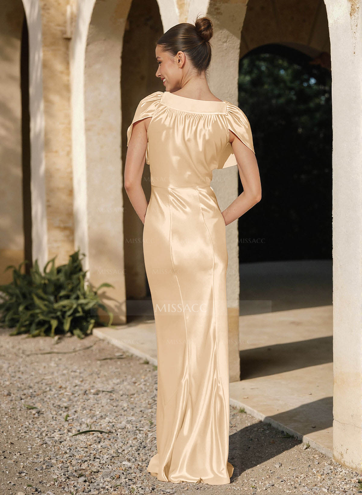 Trumpet/Mermaid Cowl Neck Cape Sleeves Floor-Length Charmeuse Bridesmaid Dresses