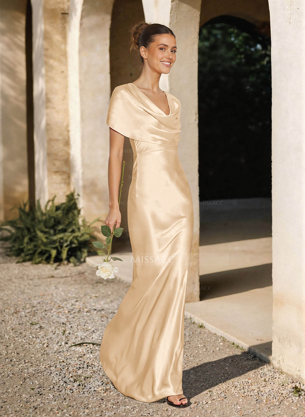 Trumpet/Mermaid Cowl Neck Cape Sleeves Floor-Length Charmeuse Bridesmaid Dresses
