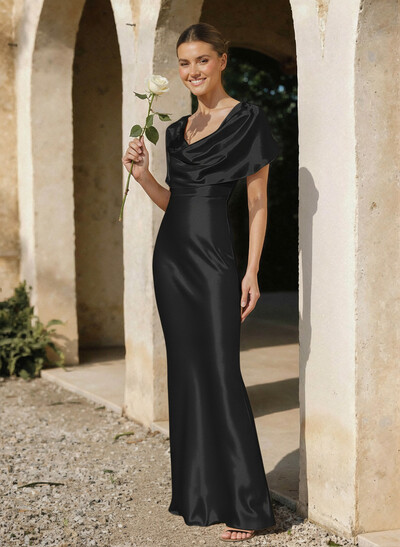 Trumpet/Mermaid Cowl Neck Cape Sleeves Floor-Length Charmeuse Bridesmaid Dresses