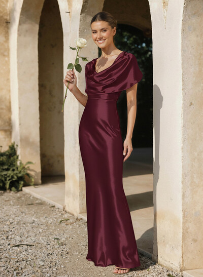 Trumpet/Mermaid Cowl Neck Cape Sleeves Floor-Length Charmeuse Bridesmaid Dresses