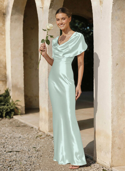 Trumpet/Mermaid Cowl Neck Cape Sleeves Floor-Length Charmeuse Bridesmaid Dresses