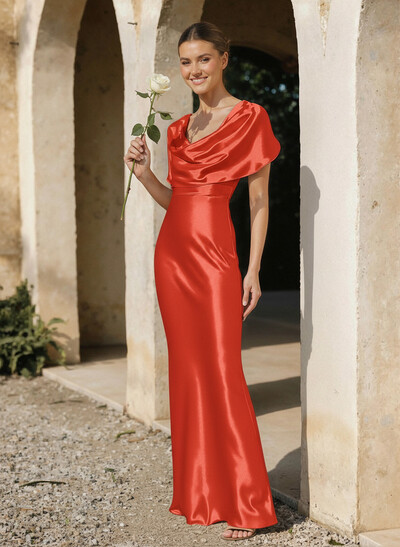 Trumpet/Mermaid Cowl Neck Cape Sleeves Floor-Length Charmeuse Bridesmaid Dresses