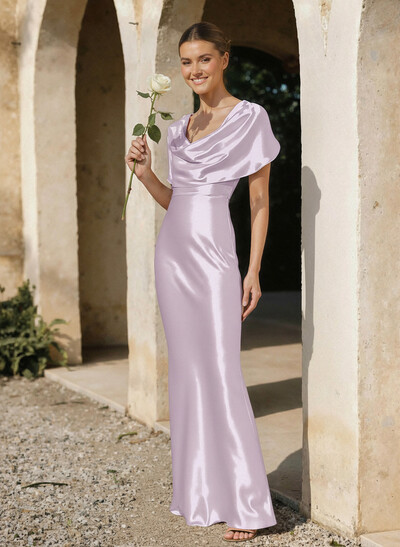 Trumpet/Mermaid Cowl Neck Cape Sleeves Floor-Length Charmeuse Bridesmaid Dresses