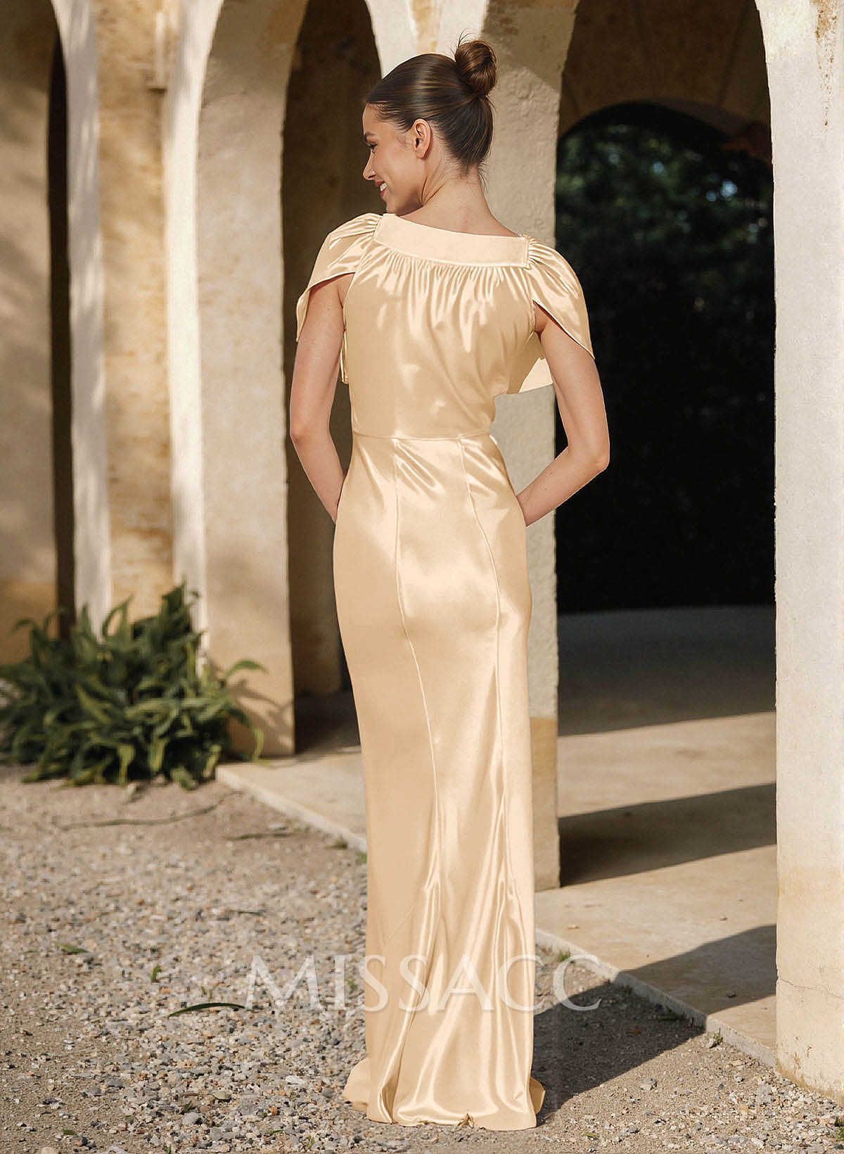 Trumpet/Mermaid Cowl Neck Cape Sleeves Floor-Length Charmeuse Bridesmaid Dresses