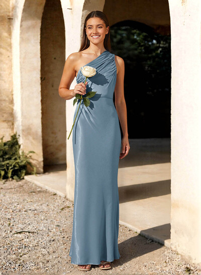 Sheath/Column One-Shoulder Floor-Length Stretch Satin Bridesmaid Dresses With Pleated