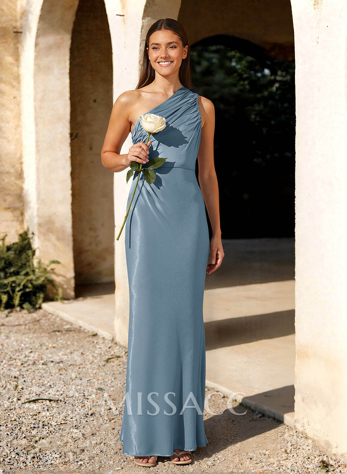 Sheath/Column One-Shoulder Floor-Length Stretch Satin Bridesmaid Dresses With Pleated