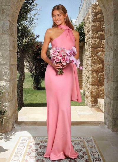 Sheath/Column One-Shoulder Floor-Length Stretch Satin Bridesmaid Dresses
