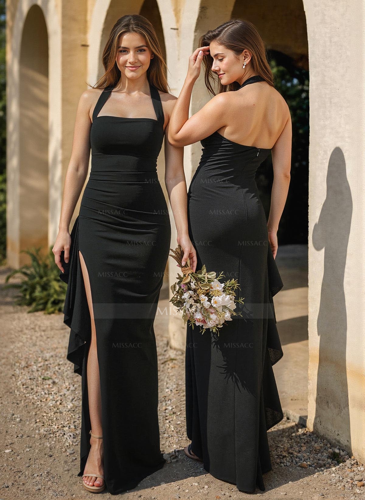 Sheath/Column Halter Floor-Length Stretch Satin Bridesmaid Dresses With Ruffle/High Split