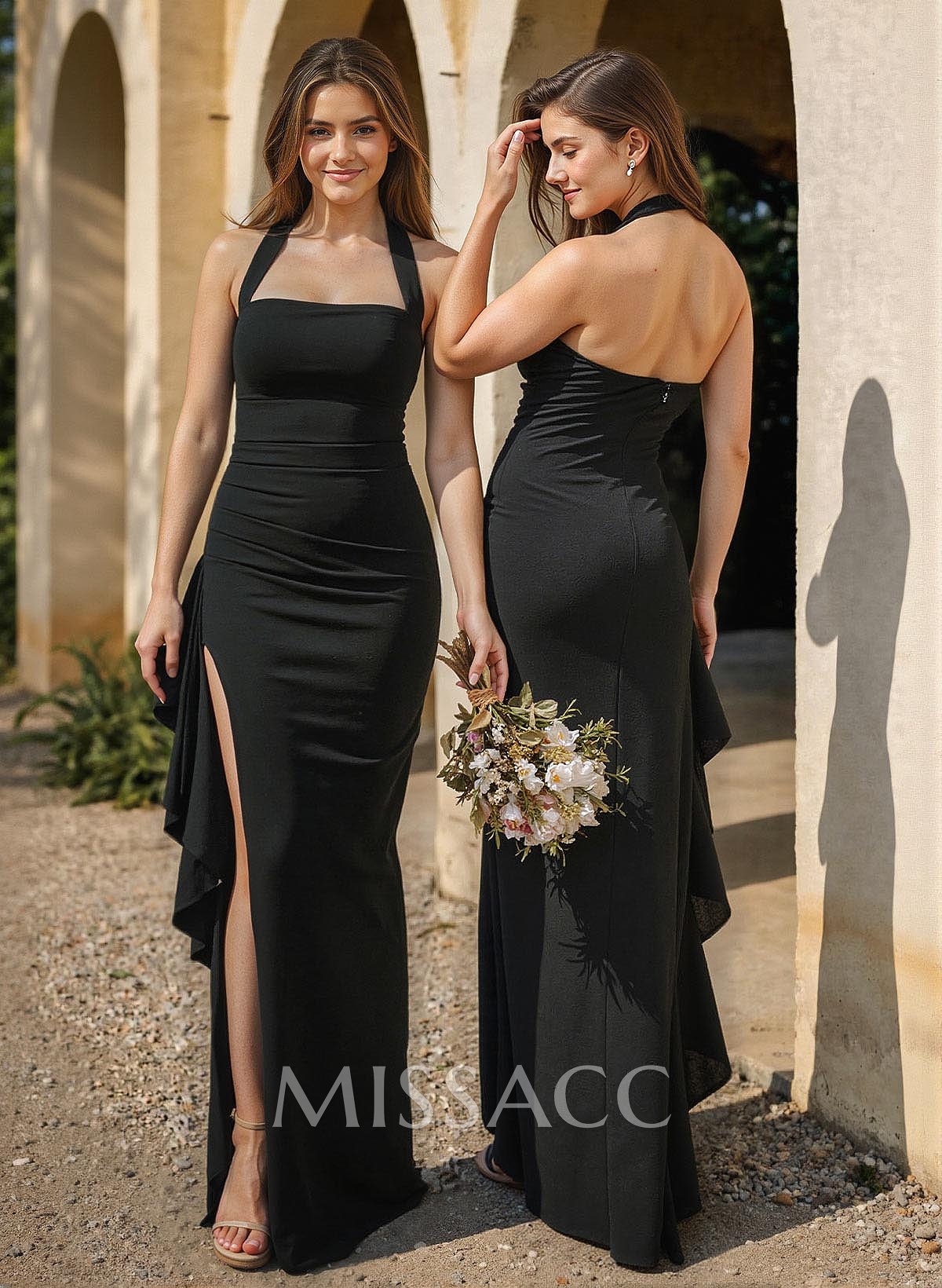 Sheath/Column Halter Floor-Length Stretch Satin Bridesmaid Dresses With Ruffle/High Split