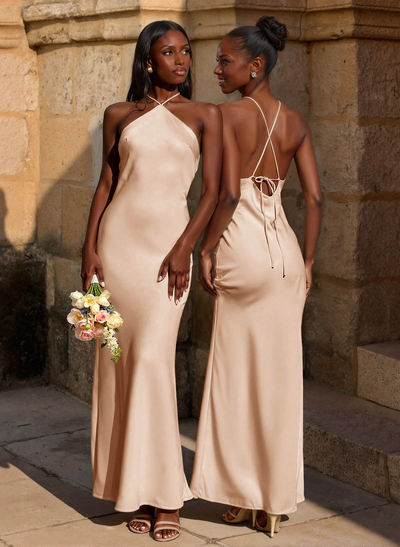 Trumpet/Mermaid Halter Ankle-Length Stretch Satin Bridesmaid Dresses With Back Hole