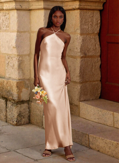 Trumpet/Mermaid Halter Ankle-Length Stretch Satin Bridesmaid Dresses With Back Hole