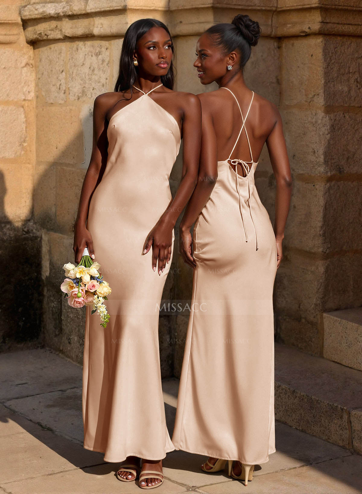 Trumpet/Mermaid Halter Ankle-Length Stretch Satin Bridesmaid Dresses With Back Hole