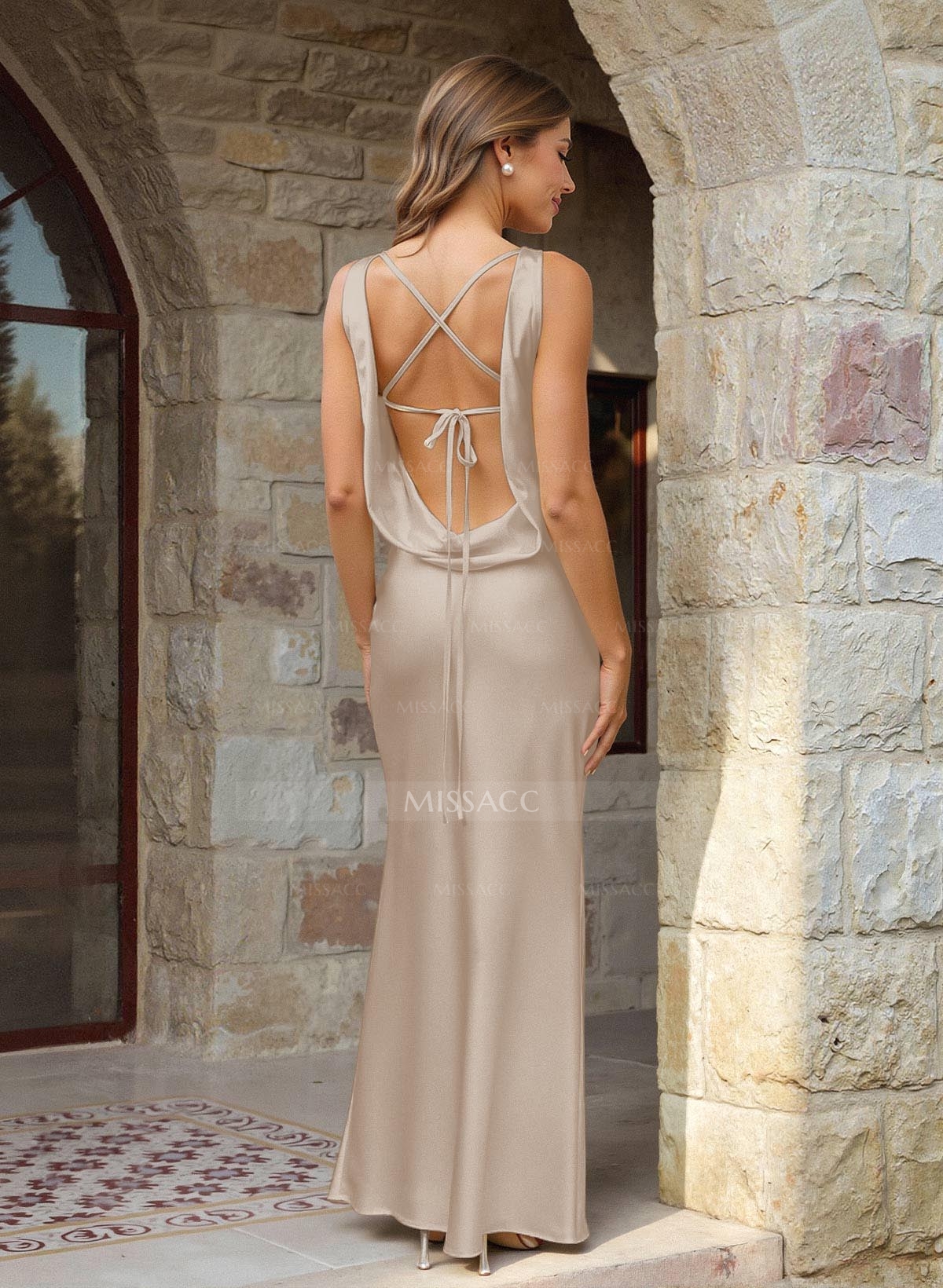 Sheath/Column Bateau Neck Floor-Length Stretch Satin Bridesmaid Dresses With Back Hole