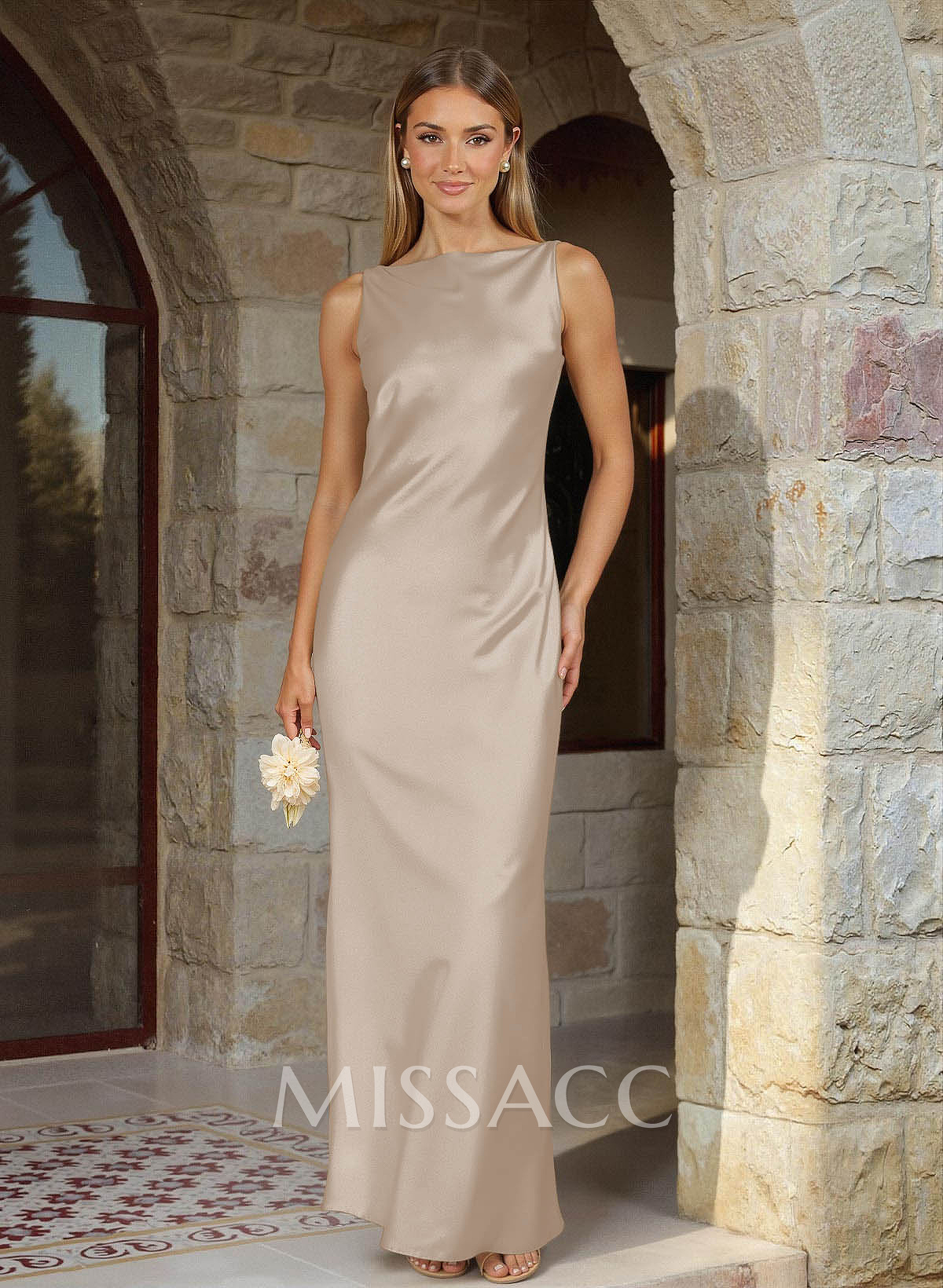 Sheath/Column Bateau Neck Floor-Length Stretch Satin Bridesmaid Dresses With Back Hole