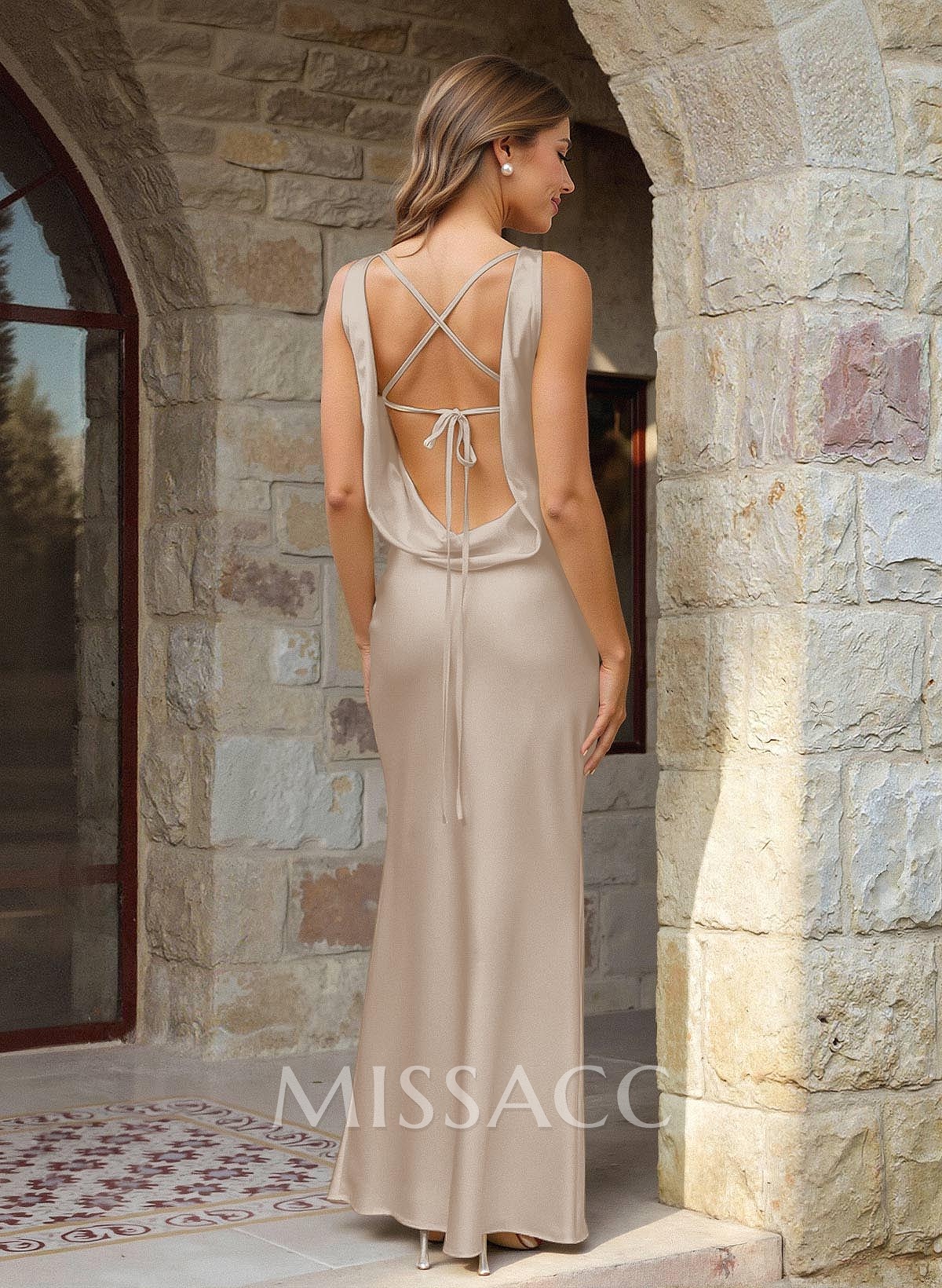 Sheath/Column Bateau Neck Floor-Length Stretch Satin Bridesmaid Dresses With Back Hole