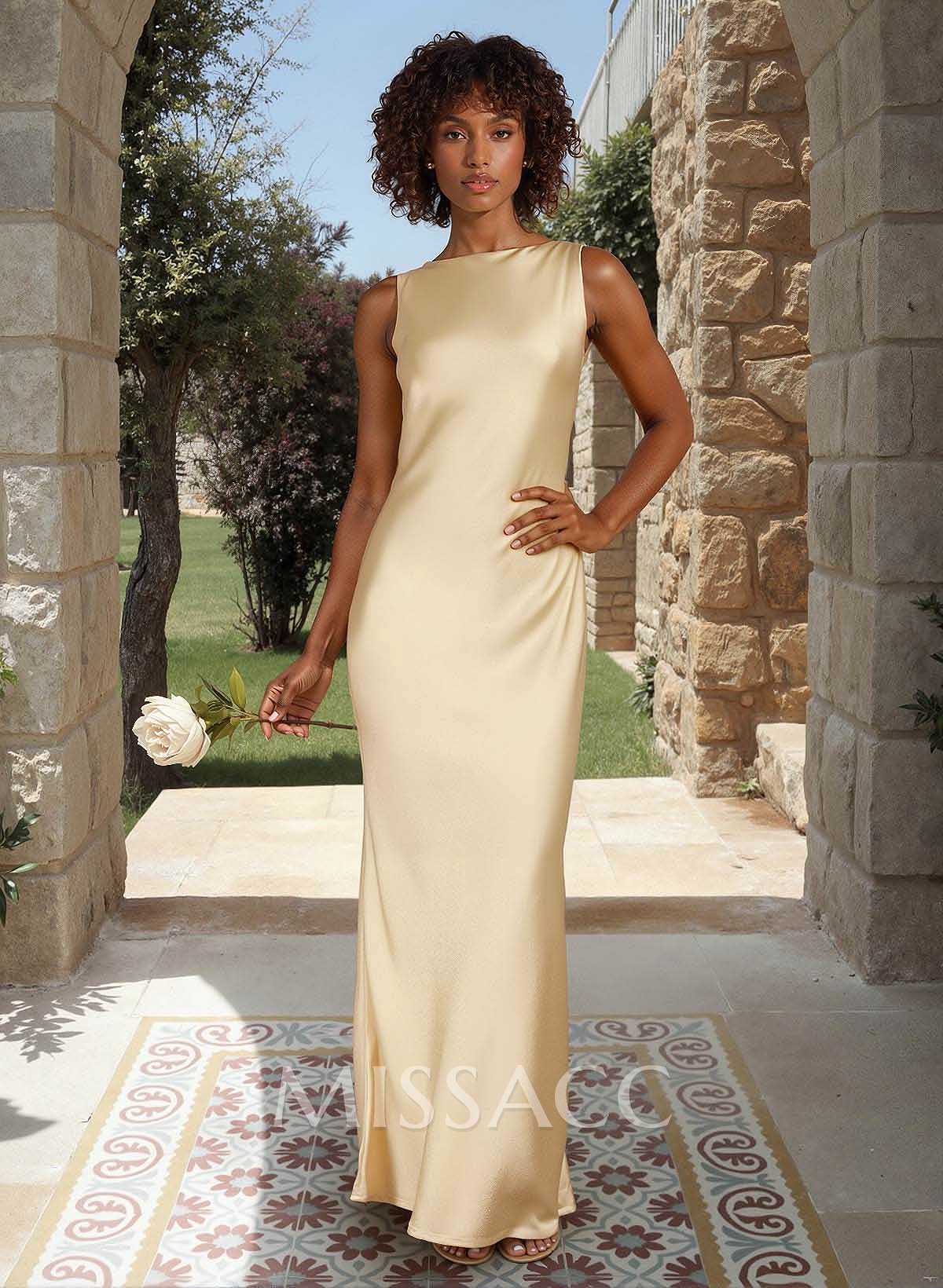 Sheath/Column Bateau Neck Floor-Length Stretch Satin Bridesmaid Dresses With Back Hole
