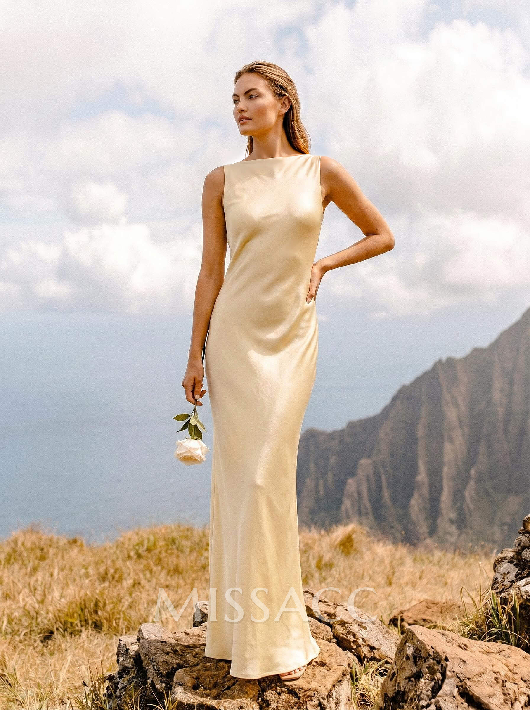 Sheath/Column Bateau Neck Floor-Length Stretch Satin Bridesmaid Dresses With Back Hole Sheath/Column Bateau Neck Floor-Length Stretch Satin Bridesmaid Dresses With Back Hole