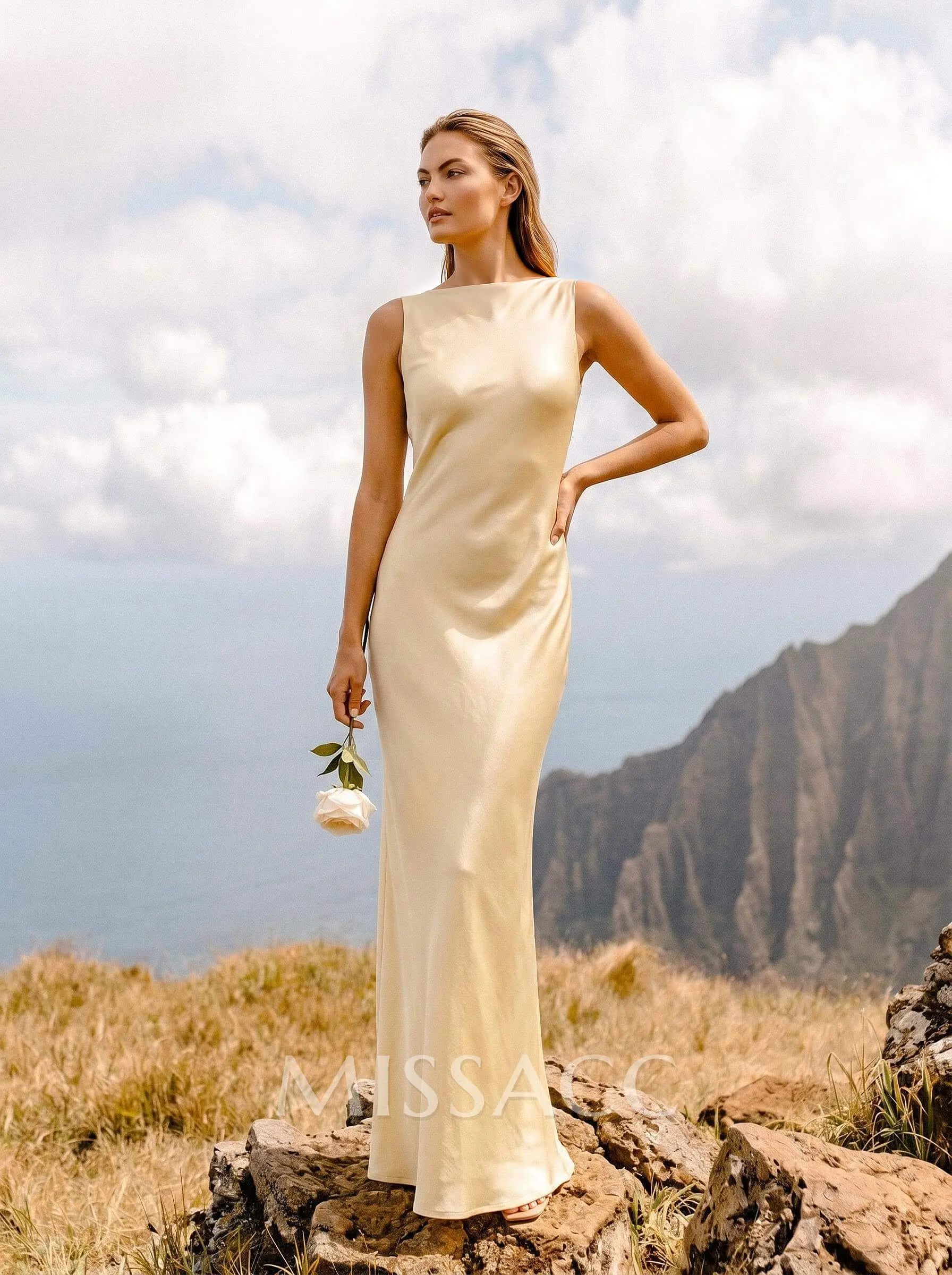 bateau dress bridesmaid Sheath/Column Neck Floor-Length Stretch Satin Dresses With Back Hole Color:Platinum/Blue/Ivory/Multi