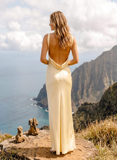 Sheath/Column Bateau Neck Floor-Length Stretch Satin Bridesmaid Dresses With Back Hole