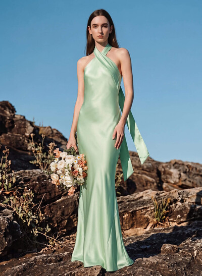 Trumpet/Mermaid Halter Sleeveless Floor-Length Stretch Satin Bridesmaid Dresses