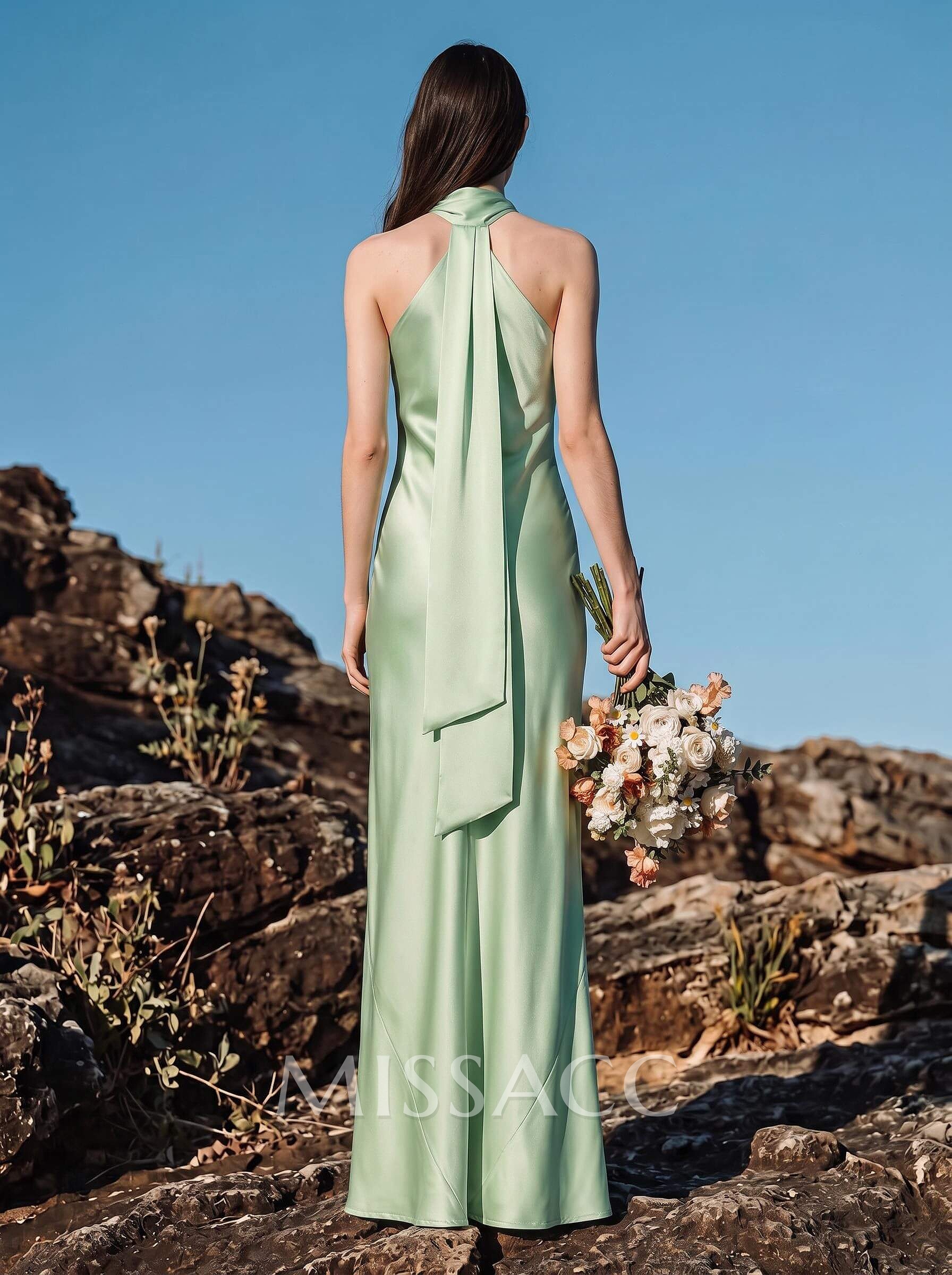 Trumpet/Mermaid Halter Sleeveless Floor-Length Stretch Satin Bridesmaid Dresses