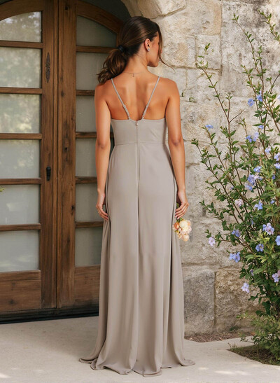 A-Line V-Neck Sleeveless Floor-Length Chiffon Bridesmaid Dresses With Ruffle/Split Front