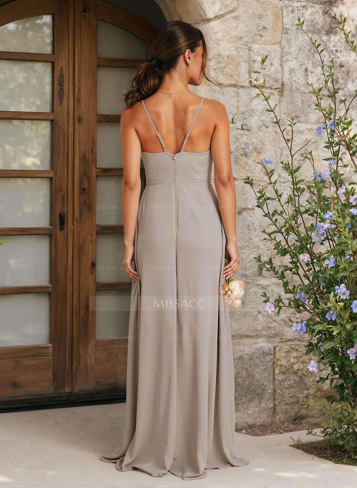 A-Line V-Neck Sleeveless Floor-Length Chiffon Bridesmaid Dresses With Ruffle/Split Front