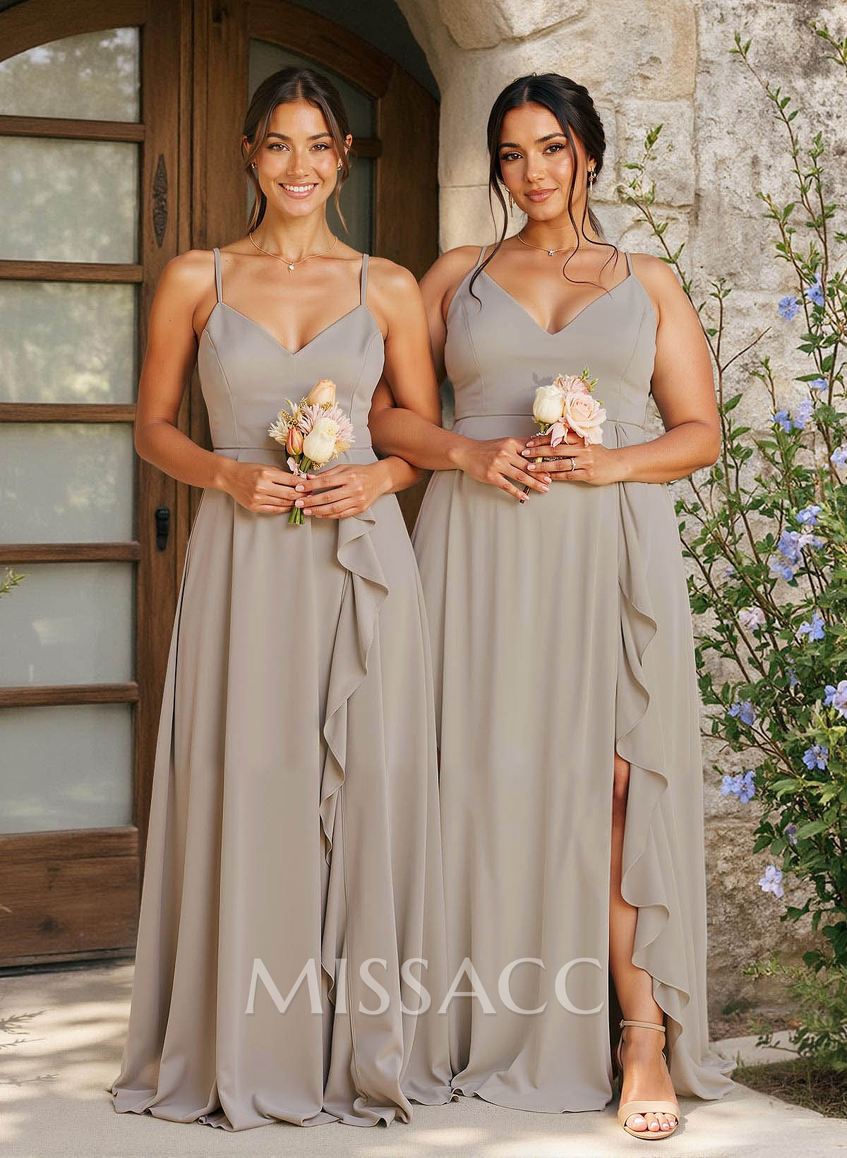 A-Line V-Neck Sleeveless Floor-Length Chiffon Bridesmaid Dresses With Ruffle/Split Front A-Line V-Neck Sleeveless Floor-Length Chiffon Bridesmaid Dresses With Ruffle/Split Front