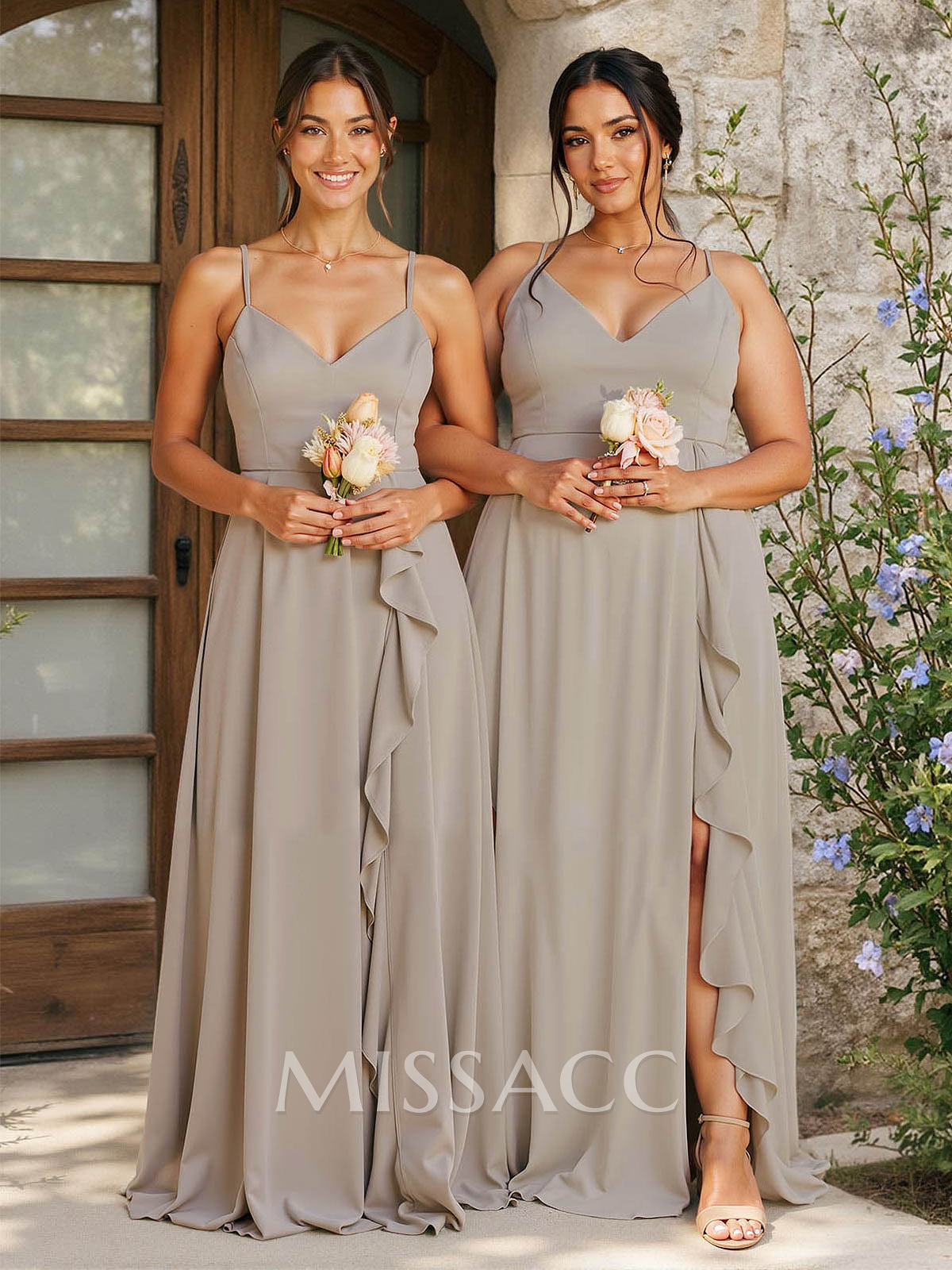 A-Line V-Neck Sleeveless Floor-Length Chiffon Bridesmaid Dresses With Ruffle/Split Front
