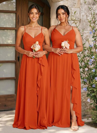 A-Line V-Neck Sleeveless Floor-Length Chiffon Bridesmaid Dresses With Ruffle/Split Front