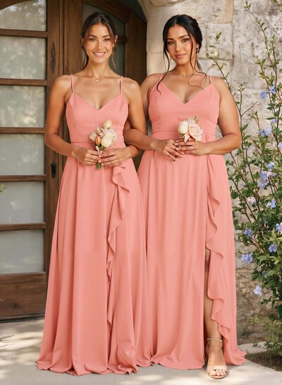 A-Line V-Neck Sleeveless Floor-Length Chiffon Bridesmaid Dresses With Ruffle/Split Front