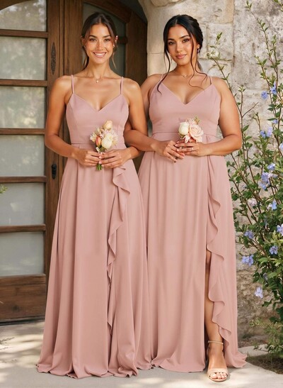 A-Line V-Neck Sleeveless Floor-Length Chiffon Bridesmaid Dresses With Ruffle/Split Front