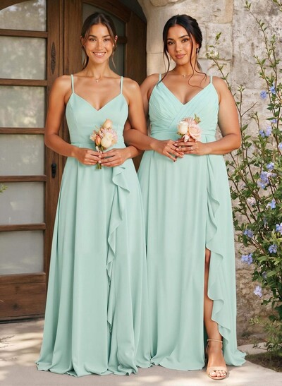 A-Line V-Neck Sleeveless Floor-Length Chiffon Bridesmaid Dresses With Ruffle/Split Front