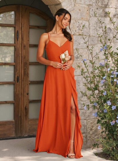 A-Line V-Neck Sleeveless Floor-Length Chiffon Bridesmaid Dresses With Ruffle/Split Front