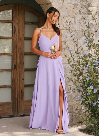 A-Line V-Neck Sleeveless Floor-Length Chiffon Bridesmaid Dresses With Ruffle/Split Front