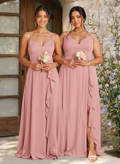 A-Line V-Neck Sleeveless Floor-Length Chiffon Bridesmaid Dresses With Ruffle/Split Front