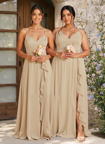 A-Line V-Neck Sleeveless Floor-Length Chiffon Bridesmaid Dresses With Ruffle/Split Front