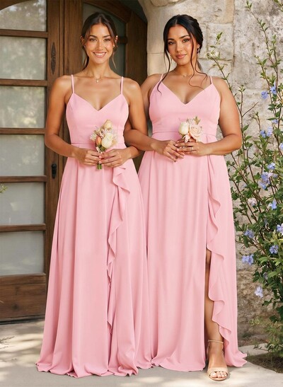 A-Line V-Neck Sleeveless Floor-Length Chiffon Bridesmaid Dresses With Ruffle/Split Front