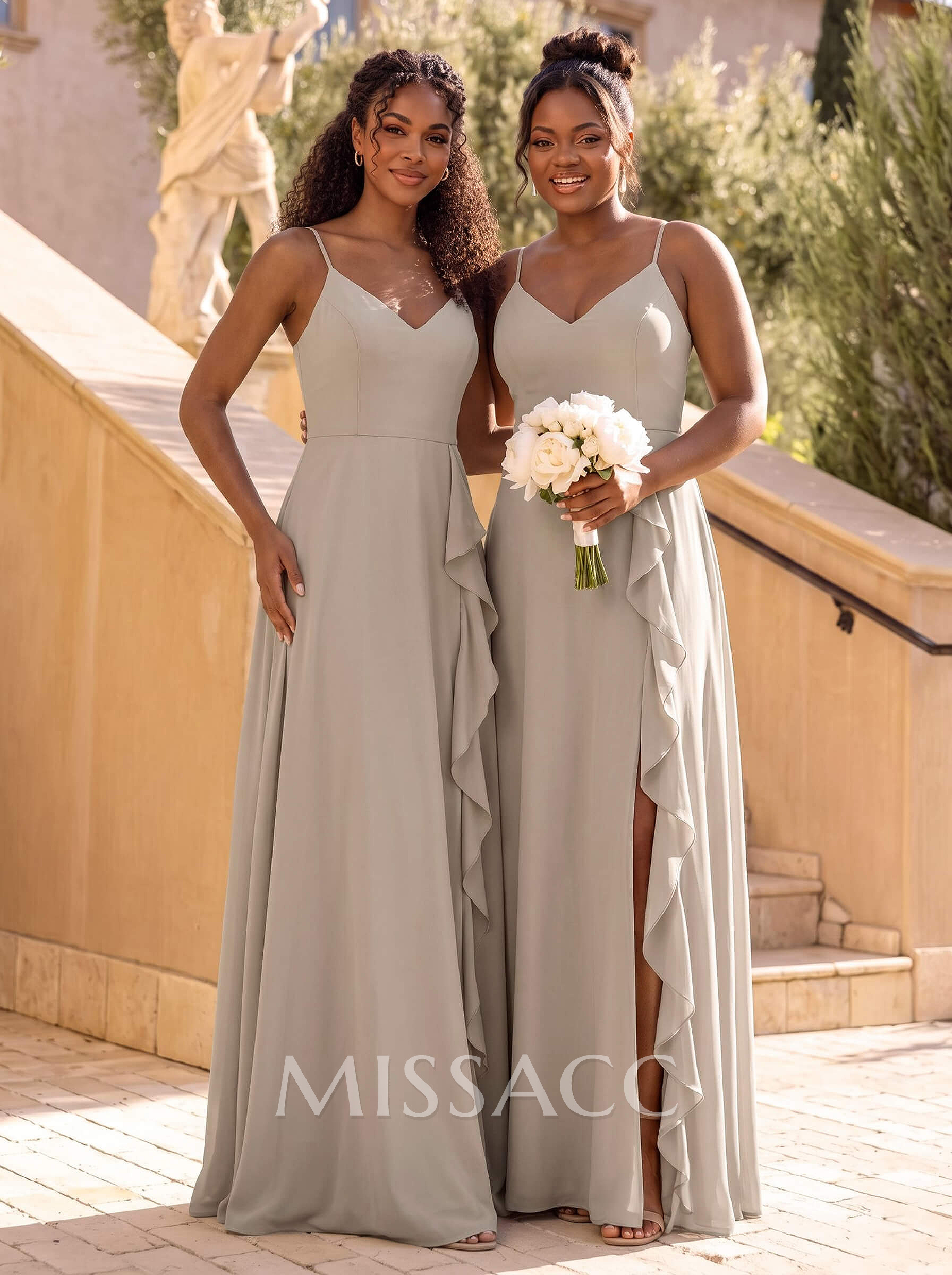 A-Line V-Neck Sleeveless Floor-Length Chiffon Bridesmaid Dresses With Ruffle/Split Front A-Line V-Neck Sleeveless Floor-Length Chiffon Bridesmaid Dresses With Ruffle/Split Front