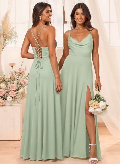 A-Line Cowl Neck Sleeveless Floor-Length Chiffon Bridesmaid Dresses With Split Front