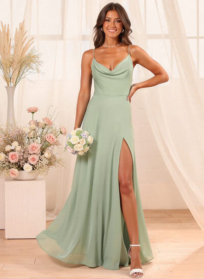 A-Line Cowl Neck Sleeveless Floor-Length Chiffon Bridesmaid Dresses With Split Front