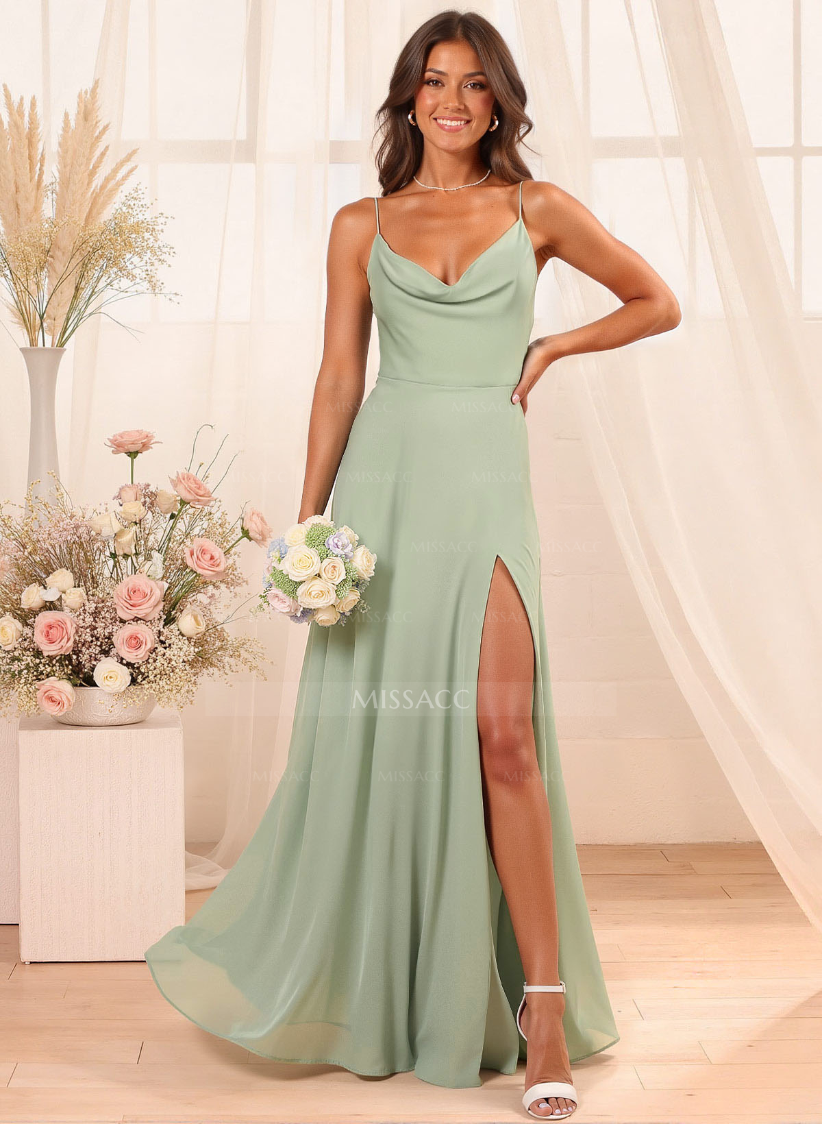 A-Line Cowl Neck Sleeveless Floor-Length Chiffon Bridesmaid Dresses With Split Front