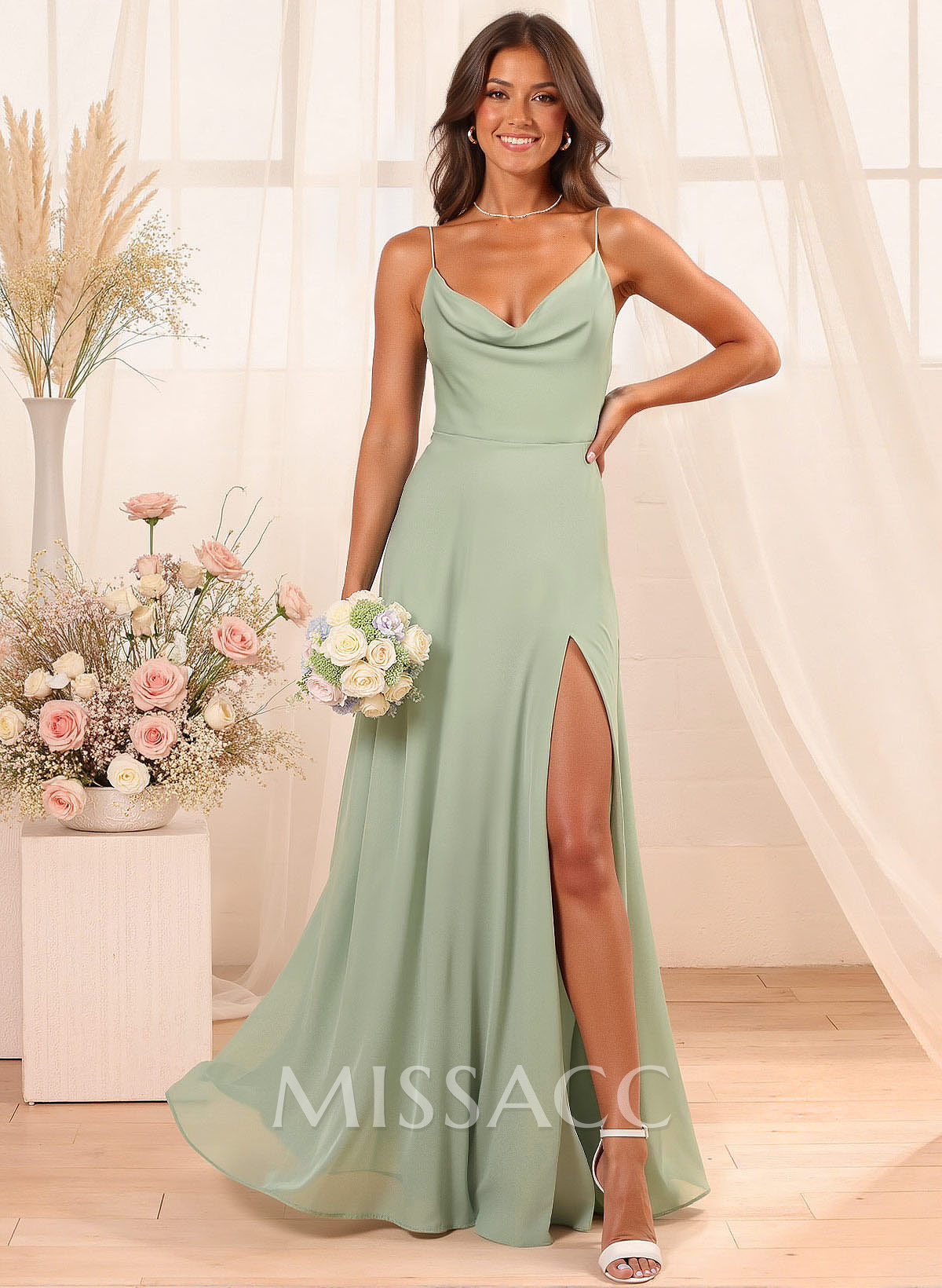 A-Line Cowl Neck Sleeveless Floor-Length Chiffon Bridesmaid Dresses With Split Front A-Line Cowl Neck Sleeveless Floor-Length Chiffon Bridesmaid Dresses With Split Front