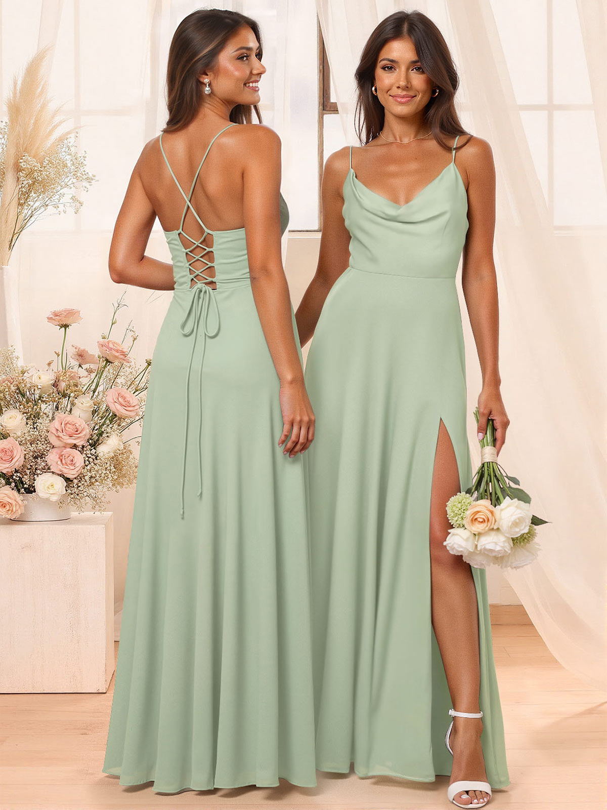A-Line Cowl Neck Sleeveless Floor-Length Chiffon Bridesmaid Dresses With Split Front