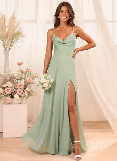 A-Line Cowl Neck Sleeveless Floor-Length Chiffon Bridesmaid Dresses With Split Front
