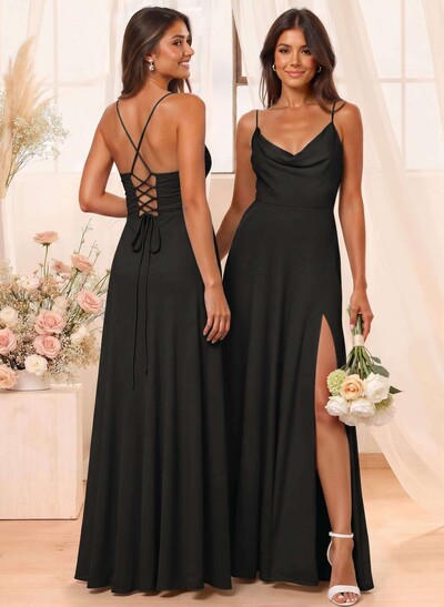 A-Line Cowl Neck Sleeveless Floor-Length Chiffon Bridesmaid Dresses With Split Front
