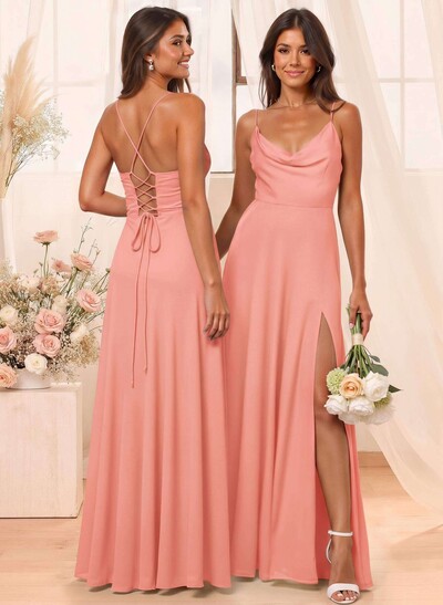 A-Line Cowl Neck Sleeveless Floor-Length Chiffon Bridesmaid Dresses With Split Front