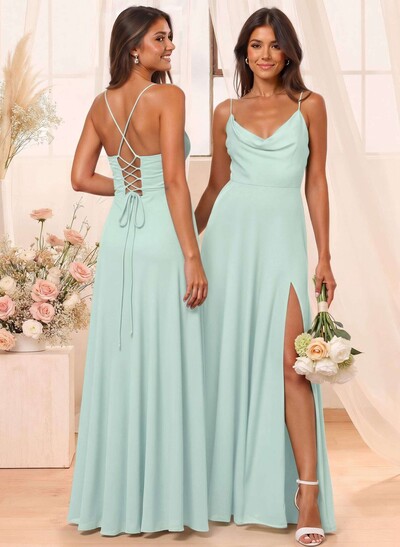 A-Line Cowl Neck Sleeveless Floor-Length Chiffon Bridesmaid Dresses With Split Front