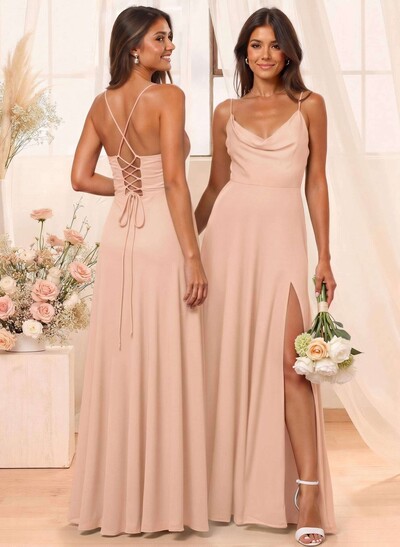 A-Line Cowl Neck Sleeveless Floor-Length Chiffon Bridesmaid Dresses With Split Front